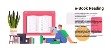 Öğrenci tablet pc çevrimiçi eğitim mesafesi öğrenme kavramı yatay fotokopi alanı çizimi hakkında e-kitap okuyor