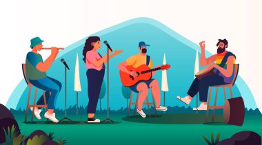 Park yatay fotokopi alanı illüstrasyonunda müzik enstrümanları çalan sokak müzisyenleri grubu.