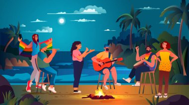 müzik enstrümanları çalan müzisyen grubu lgbt gökkuşağı bayrağı gay lezbiyen transseksüel aşk deniz kenarı yatay vektör çizimi