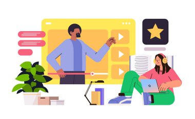 Öğrenci ders kayıtları podcast kursları ses videoları çevrimiçi eğitim konsepti e-öğrenme konsepti yatay vektör ilülasyonu