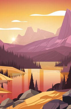 Dağlardaki gölün panoramik görüntüsü azgın dağ nehri güzel doğa manzarası yaz tatili seyahat konsepti dikey vektör çizimi