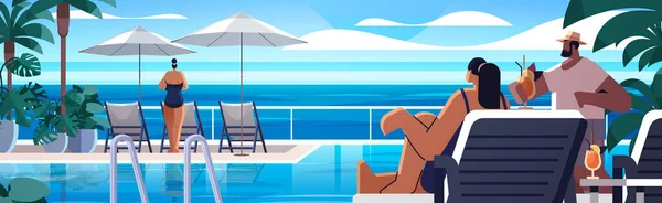 Menschen Entspannen Tropischen Luxus Resort Hotel Strand Schwimmbad Und Pool — Stockvektor