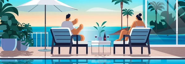 Gente Relajante Complejo Tropical Lujo Hotel Playa Piscina Zona Estar — Vector de stock