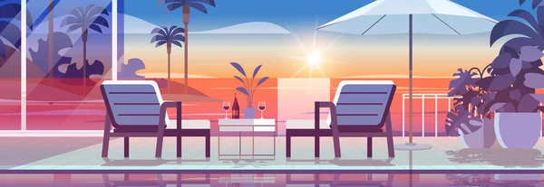 トロピカルラグジュアリーリゾートホテルビーチスイミングプールとプールサイドのシーティングエリア夏休みのコンセプト海辺の背景水平ベクトルイラスト — ストックベクタ