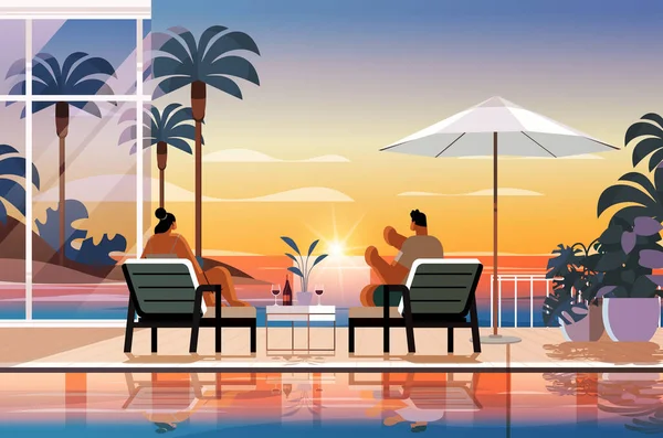 トロピカルラグジュアリーリゾートホテルのビーチスイミングプールとプールサイドのシーティングエリアでリラックスした人々夏休みのコンセプト海辺の背景水平ベクトルイラスト — ストックベクタ