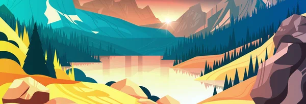 山の中の湖のパノラマビュー荒れ狂う山川の美しい自然景観背景夏休み旅行のコンセプト水平方向のベクトルイラスト — ストックベクタ