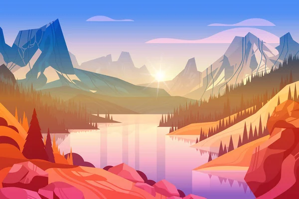 Панорамный Вид Озеро Горах Бушующая Горная Река Красивые Природные Ландшафты — стоковый вектор