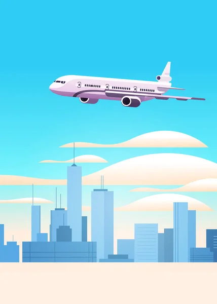 Avião Voando Céu Sobre Paisagem Urbana Viajar Avião Férias Aventura — Vetor de Stock