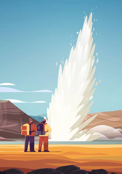 Τουρίστες Ζευγάρι Κοντά Εντυπωσιακή Έκρηξη Του Ενεργού Geyser Ατμού Ζεστού — Διανυσματικό Αρχείο