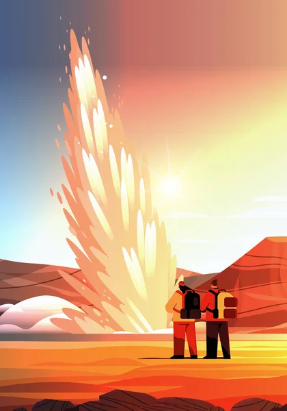 Tourists Couple Impressive Eruption Active Geyser Hot Water Steam Spraying — Stock Vector