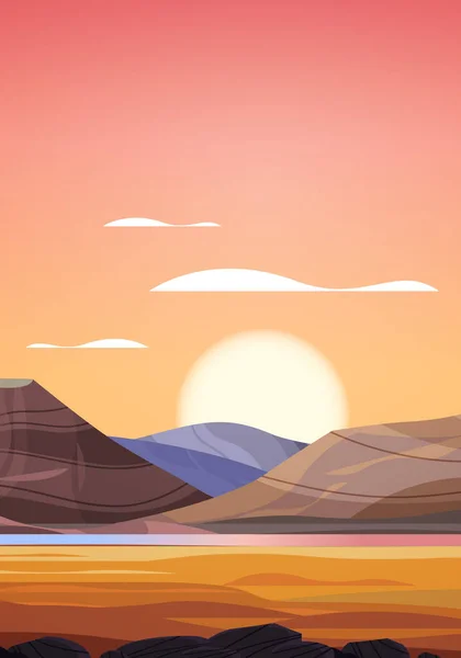 Wüste Sonnenuntergang Landschaft Mit Goldenen Sanddünen Über Bergen Vertikale Vektorillustration — Stockvektor