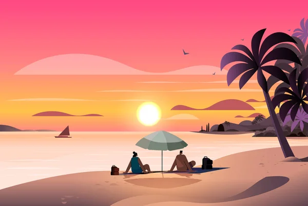 Erkek Kadın Çift Tropikal Plaj Yaz Tatilinde Şemsiye Altında Birlikte — Stok Vektör