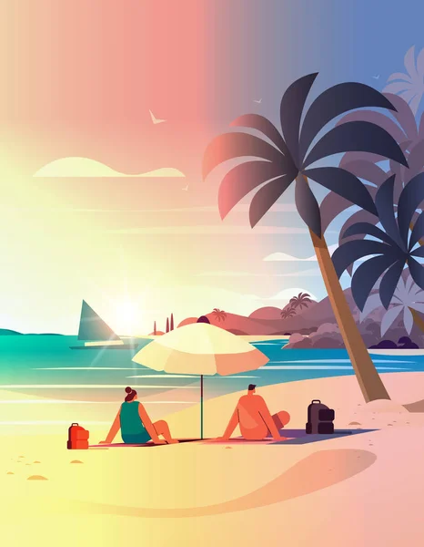 Мужчина Женщина Пара Сидящие Вместе Зонтиком Тропическом Пляже Летние Каникулы — стоковый вектор