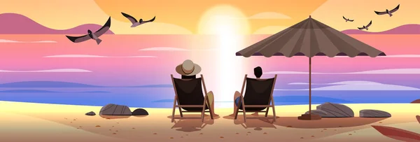 Muž Žena Pár Sedí Společně Pod Deštníkem Tropické Pláži Letní — Stockový vektor
