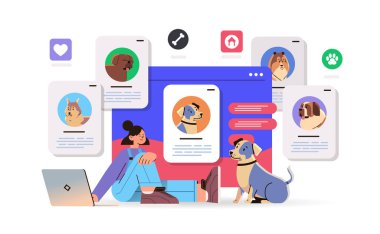 Kız sahibi dizüstü bilgisayarda uygulama kullanıyor sevimli köpekler üzerinde en iyi arkadaş sosyal medya uygulama konsepti yatay vektör illüstrasyonu