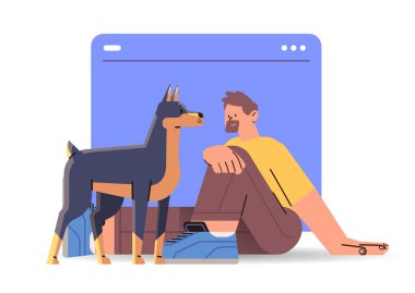 Sevimli köpeği olan bir erkek evcil hayvan sahibi birlikte vakit geçirir en iyi arkadaşlar evcil hayvan arkadaşlığı kavramı yatay vektör çizimi