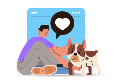 Sevimli köpeği olan bir erkek evcil hayvan sahibi birlikte vakit geçirir en iyi arkadaşlar evcil hayvan arkadaşlığı kavramı yatay vektör çizimi