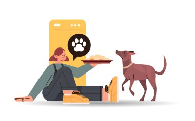 Kız evcil hayvan sahibi ve sevimli köpek birlikte vakit geçiriyorlar en iyi arkadaşlar evcil hayvan arkadaşlığı kavramı yatay vektör çizimi