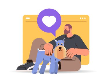 Sevimli köpeği olan bir erkek evcil hayvan sahibi birlikte vakit geçirir en iyi arkadaşlar evcil hayvan arkadaşlığı kavramı yatay vektör çizimi