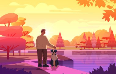 Adam dışarıda sevimli köpeklerle rahatlıyor en iyi arkadaşları evcil hayvanlar ilgi alanlarını seçiyor manzara arka plan yatay vektör çizimi