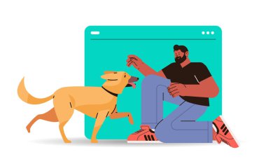 Sevimli köpeği olan bir erkek evcil hayvan sahibi birlikte vakit geçirir en iyi arkadaşlar evcil hayvan arkadaşlığı kavramı yatay vektör çizimi