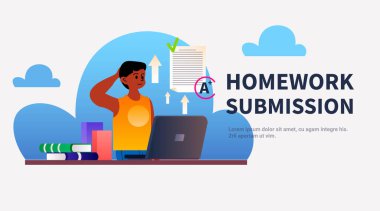 Bilgisayar ödevi sunumu kullanan öğrenci e-öğrenim çevrimiçi eğitim konsepti yatay kopyalama alanı illüstrasyonuName