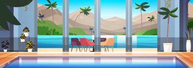 Okyanus ya da deniz kıyısında havuzu olan modern villa. Hiç kimse tatil evi ya da otel. Yazlık tatil beldesi konsepti yatay vektör çizimi.