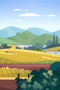 Berrak nehir manzaralı sakin dağ sırtı yeşil çayır kıyıları doğa turizmi macera konsepti dikey vektör çizimi