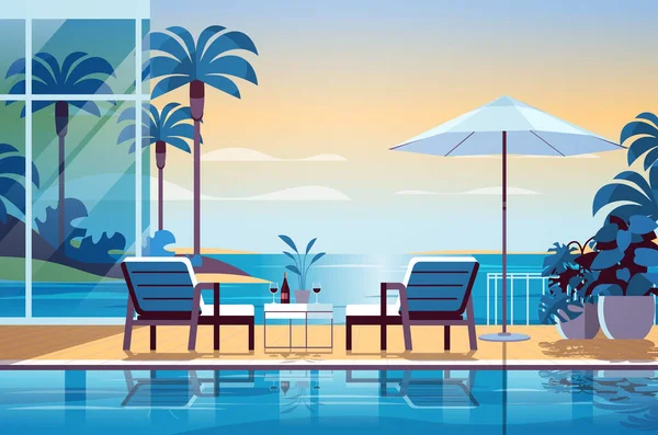 トロピカルラグジュアリーリゾートホテルビーチスイミングプールとプールサイドのシーティングエリア夏休みのコンセプト海辺の背景水平ベクトルイラスト — ストックベクタ