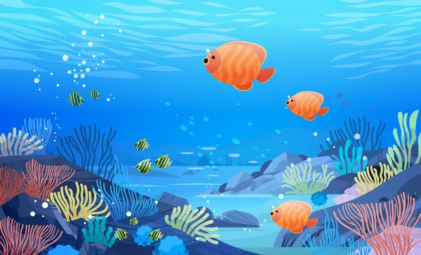 Laut Atau Laut Fauna Laut Dengan Ikan Dan Terumbu Karang - Stok Vektor