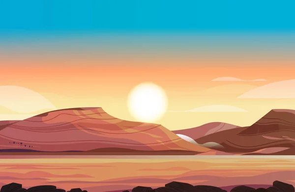 Desert Sunset Landscape Golden Sand Dunes Mountains Horizontal Vector Illustration — Stock Vector