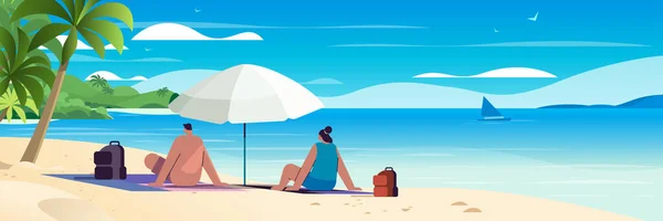 Mann Frau Paar Sitzt Zusammen Unter Regenschirm Tropischen Strand Sommerurlaub — Stockvektor