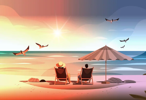 男子夫妇一起坐在伞下享受热带海滩暑假旅行的概念水平矢量图解 — 图库矢量图片