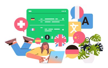 Laptop 'ta öğrenen kız çevrimiçi eğitim konsepti yatay vektör çizimi