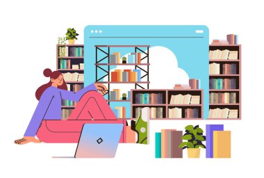 Öğrenci çevrimiçi kütüphane hizmeti e-öğrenim konsepti yatay vektör illüstrasyonunda kitap seçiyor
