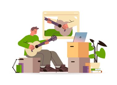 Müzikal enstrüman çalan erkek öğrenci çevrimiçi insanlara gitar çalmayı öğretiyor online müzik dersleri kavramı yatay vektör çizimi