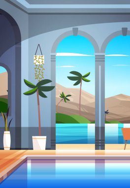 Okyanus ya da deniz kıyısında havuzu olan modern villa kimsenin tatil evi ya da otel içi yazlık tatil köyü konsepti dikey vektör ilülasyonu.