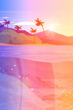 Balık ve mercan resifli deniz canlıları yaz tatili konsepti deniz manzarası arka plan dikey vektör çizimi