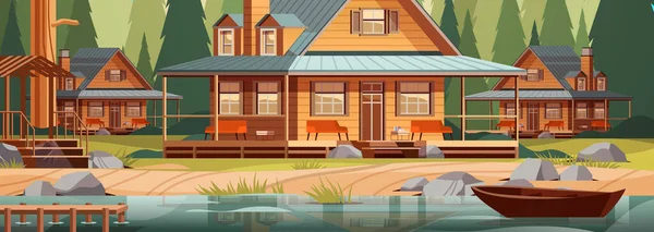 Ξύλινη Εξοχική Κατοικία Κοντά Στη Λίμνη Στο Δάσος Εξοχικό Σπίτι — Διανυσματικό Αρχείο