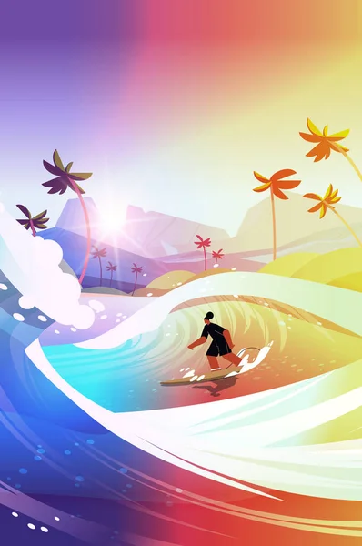 Žena Plavky Koni Surfování Prkno Moři Nebo Oceánu Vlny Surfování — Stockový vektor