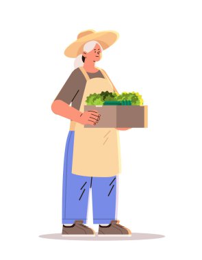 Kadın çiftçi elinde taze sebzelerle dolu sepet Mutlu İşçi Bayramı kutlamaları tam boy dikey vektör illüstrasyonu