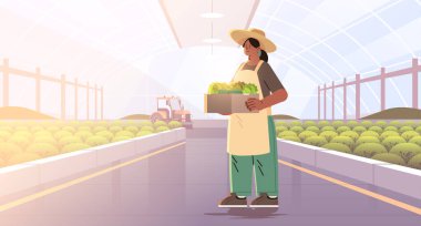 Kadın çiftçi elinde taze sebzelerle dolu sepet Mutlu İşçi Bayramı kutlamaları konsepti yatay vektör illüstrasyonu