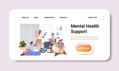Psikoterapi sırasında engelli erkek kadınlar zihinsel sağlık desteği ile engelli erkekler konsepti yatay fotokopi alanı illüstrasyonu