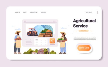 Taze sebze dolu sepeti tutan çiftçiler mutlu işçi günü kutlamaları tarım hizmetleri kavramını yatay fotokopi alanı illüstrasyonu
