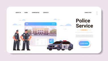 Üniformalı polisler, birlikte duran polis memurları, mutlu işçi bayramı kutlamaları, uzay vektör illüstrasyonunu kopyalayın.