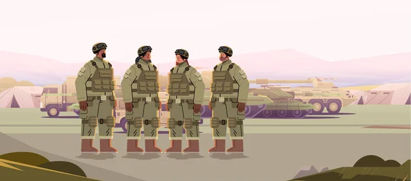 Soldats Armée Hommes Femmes Casques Camouflage Gilets Sauvetage Debout Ensemble — Image vectorielle