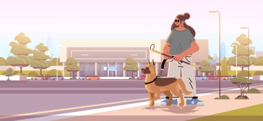 Gösterişli kadın rehber köpek yardımcı hayvanla yürüyor kadın karakteri yönlendiriyor özgüven sorunu olan insanlar şehir manzarası arka plan çizimi çizimi