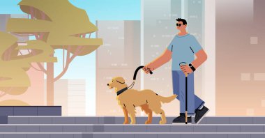 Kılavuz köpek asistanı hayvanla yürüyen mücevher adam erkek karakter özgüvenine sahip engelli insanlar şehir manzarası arka plan çizimi çizimi