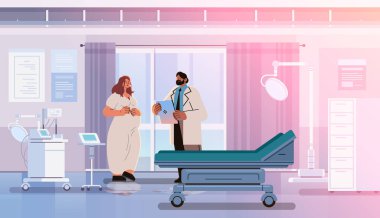 Mutlu hamile kadın doktoru ziyaret ediyor annelik beklentisi jinekoloji danışma konsepti modern hastane içsel vektör çizimi