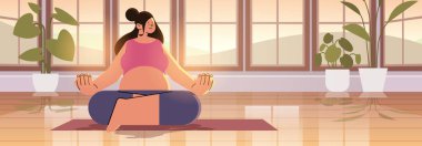 Mutlu hamile kadın Lotus 'ta oturan müstakbel anne hamilelik beklentisi konsepti yatay vektör çizimi